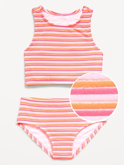 Textured Striped Tankini Swim Set for Girls