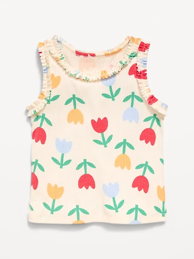 Printed Sleeveless Ruffle-Trim Ribbed Top for Toddler Girls