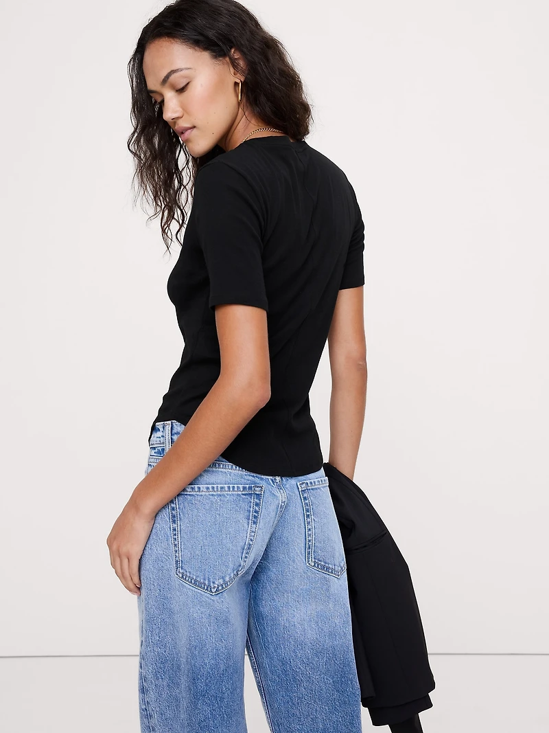 Airy Cotton Elbow-Sleeve T-Shirt