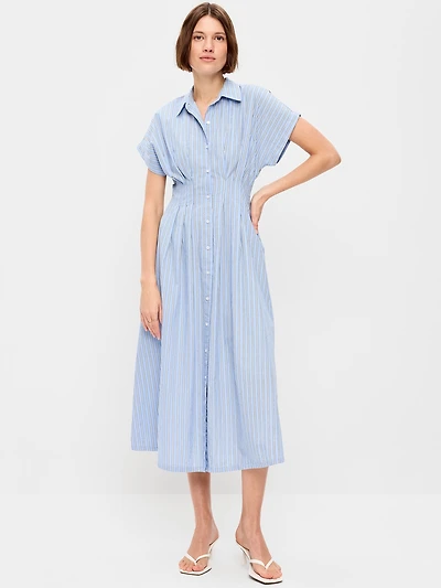 Pintuck-Waist Midi Shirt Dress