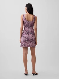 Floral Boatneck Open-Back Mini Dress