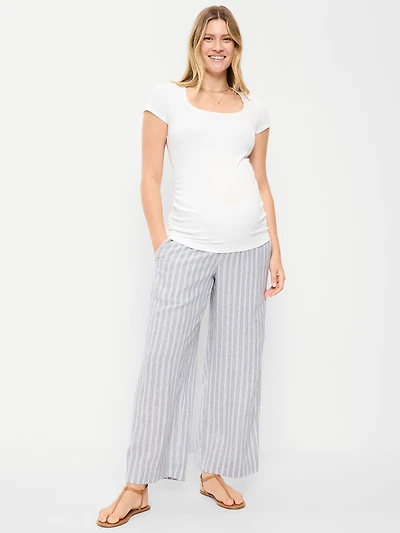Pantalon à jambe large en mélange de lin avec taille rabattable maternité