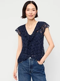 Short-Sleeve Open-Front Lace Ruffle Top