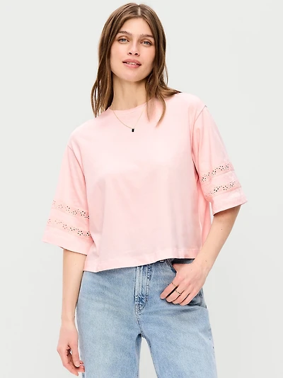 Vintage Crew-Neck Cropped Lace-Trim T-Shirt