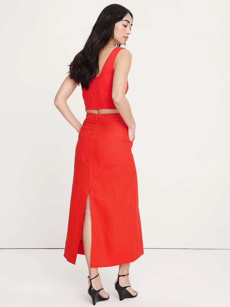 Linen Front-Slit Midi Skirt
