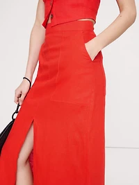 Linen Front-Slit Midi Skirt
