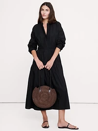 Cotton Poplin Midi Shirt Dress with Open Back