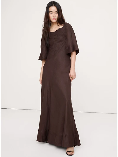 Viscose-Linen Flutter-Sleeve Maxi Dress