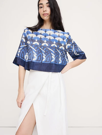 Viscose-Linen Boat-Neck Cropped Top