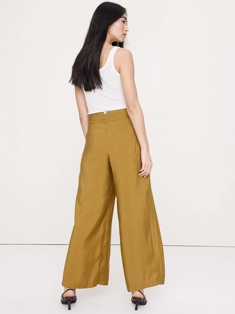 Pleated Wide-Leg Cropped Pant Luster Twill