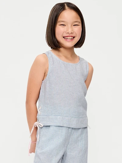 Sleeveless Striped Tie-Knot Linen-Blend Top for Girls