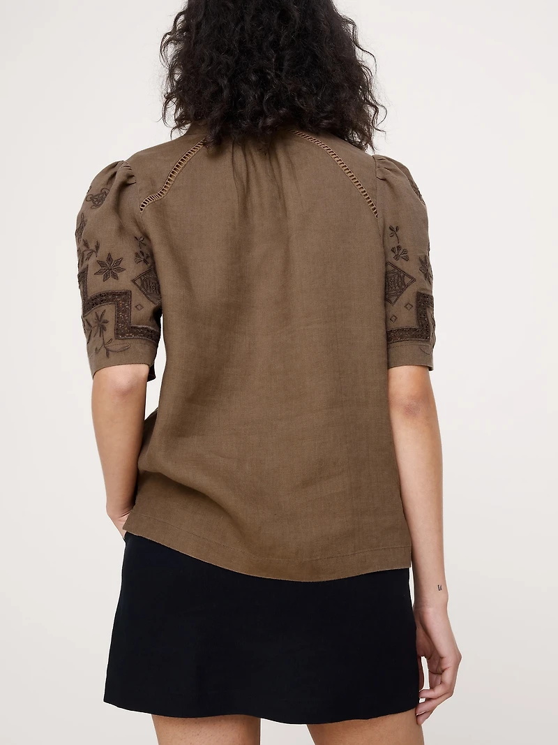 Embroidered Linen Puff-Sleeve Top