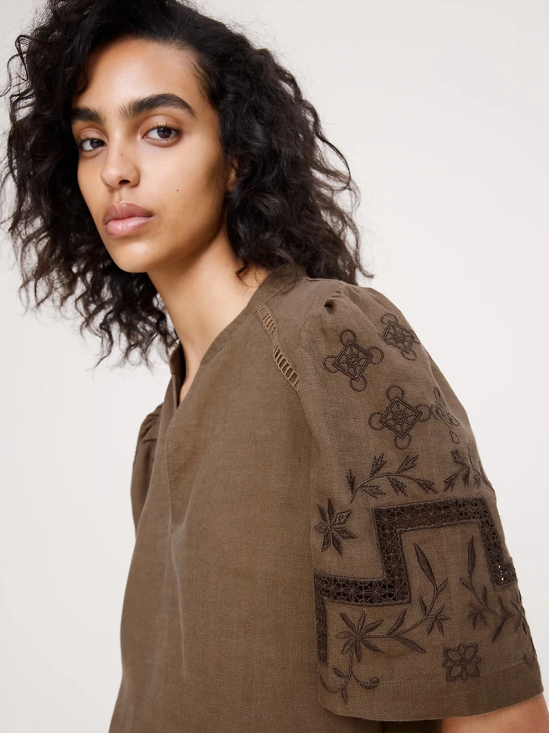 Embroidered Linen Puff-Sleeve Top