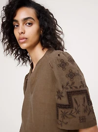 Embroidered Linen Puff-Sleeve Top