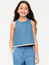 Sleeveless Lace-Trim Chambray Top for Girls