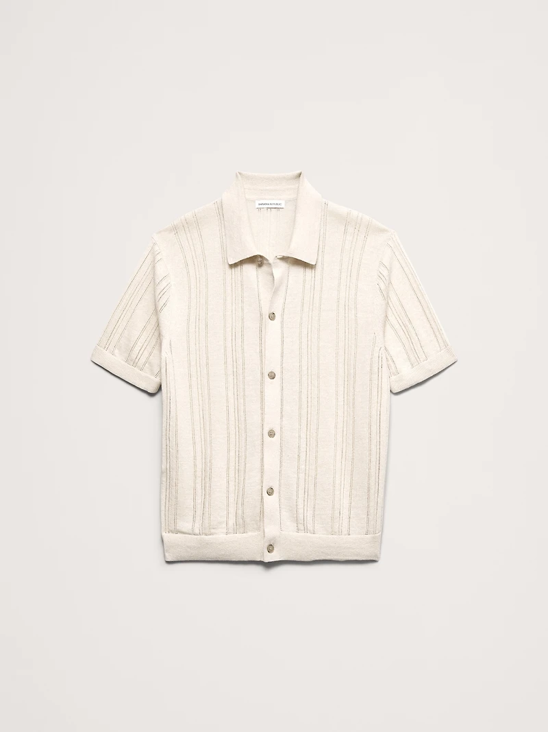 Pointelle Linen-Cotton Polo Cardigan