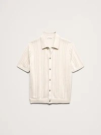 Pointelle Linen-Cotton Polo Cardigan