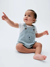 Baby Denim Stripe Bear Pocket Bubble Overalls