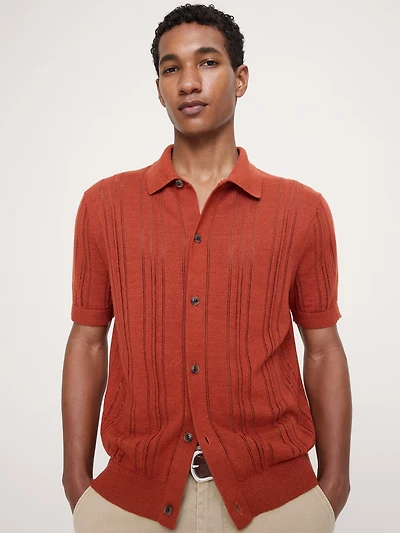 Linen-Cotton Textured Polo Cardigan