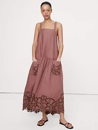 Embroidered Linen Drop-Waist Maxi Dress