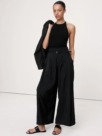 Pleated Wide-Leg Cropped Pant Luster Twill