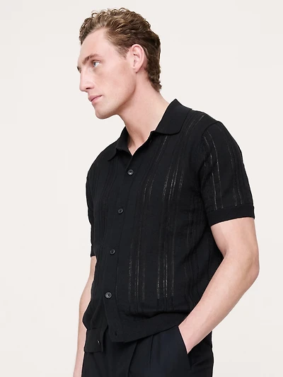 Pointelle Linen-Cotton Polo Cardigan