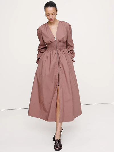 Cotton Poplin Smocked-Waist Maxi Dress