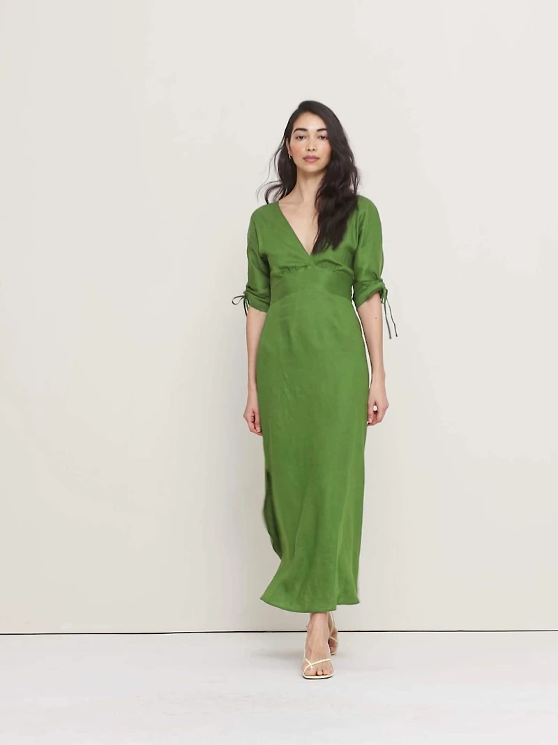 Linen Tie-Sleeve Midi Dress