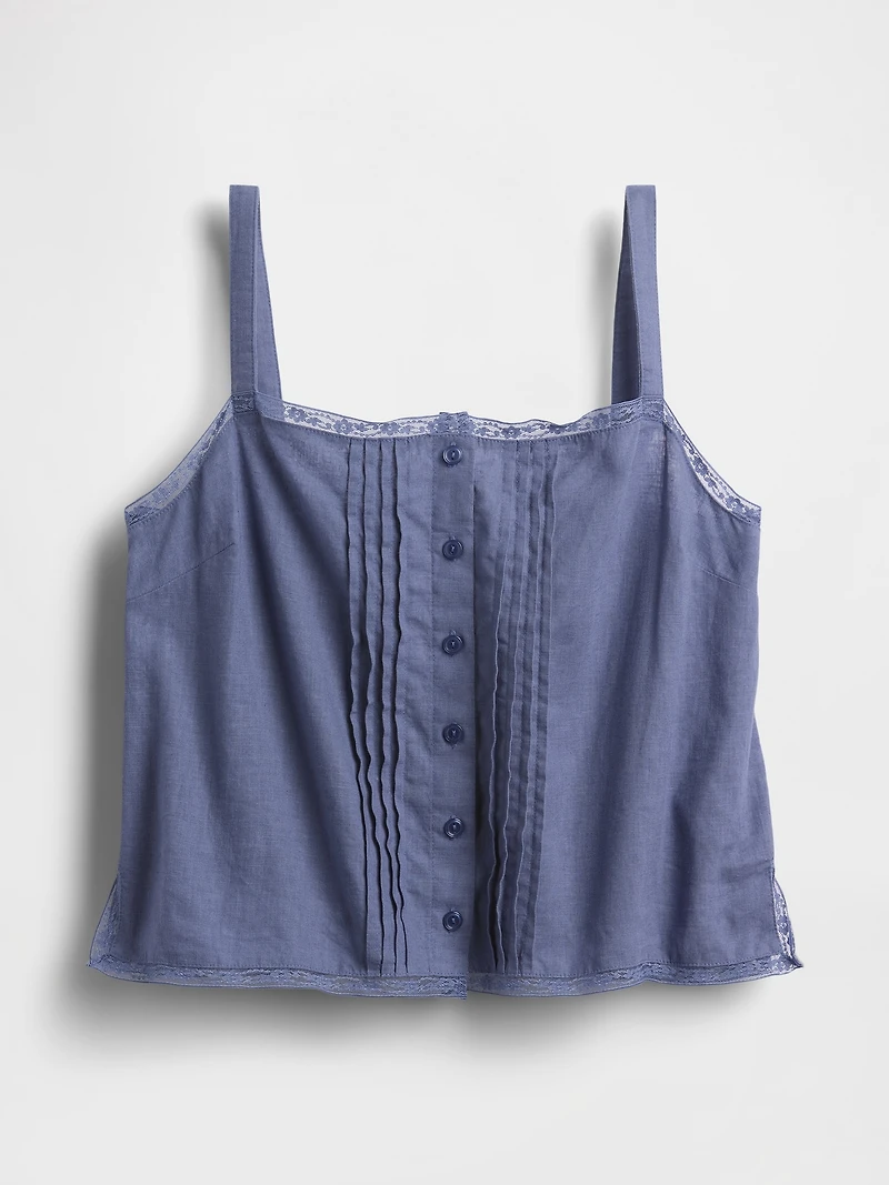 Linen-Blend Pintuck Crop PJ Tank Top