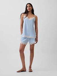 4" Mid Rise Linen-Blend Lace-Trim Shorts