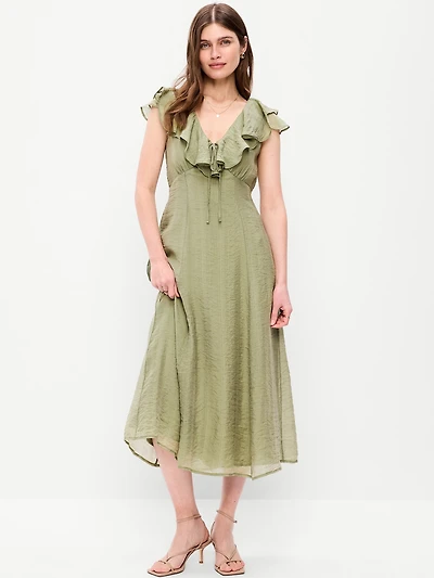 Ruffle-Sleeve Fit & Flare Midi Dress