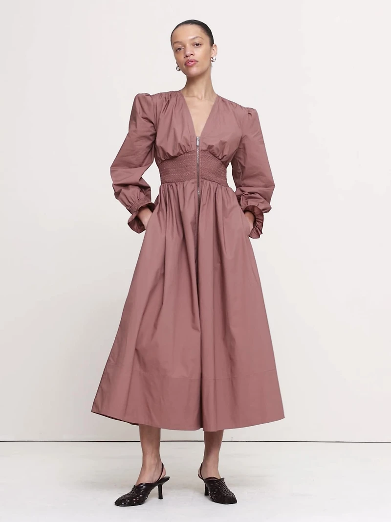 Cotton Poplin Smocked-Waist Maxi Dress