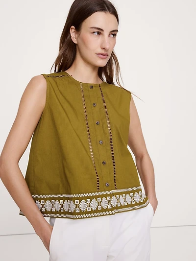 Embroidered Stretch-Cotton Tank
