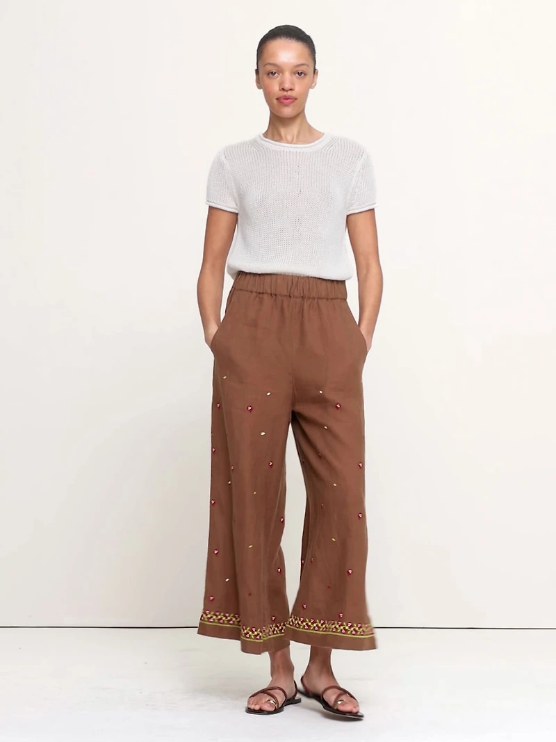 The Pull-On Wide-Leg Ankle Pant Embroidered Linen
