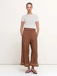 The Pull-On Wide-Leg Ankle Pant Embroidered Linen