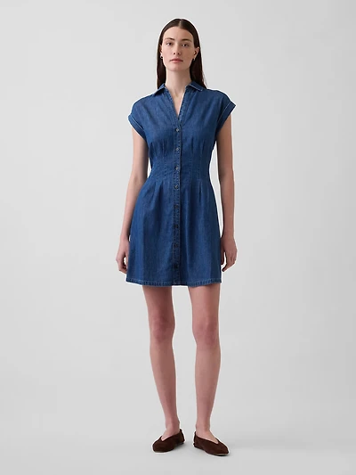Denim Pleated Mini Shirtdress