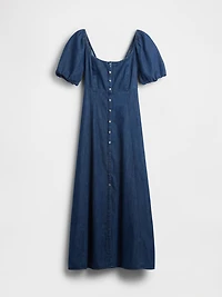 Denim Puff-Sleeve Button-Front Maxi Dress