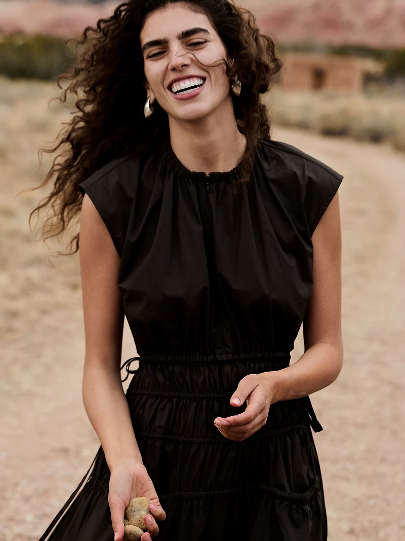 Smocked Cotton Poplin Maxi Dress with Open Back