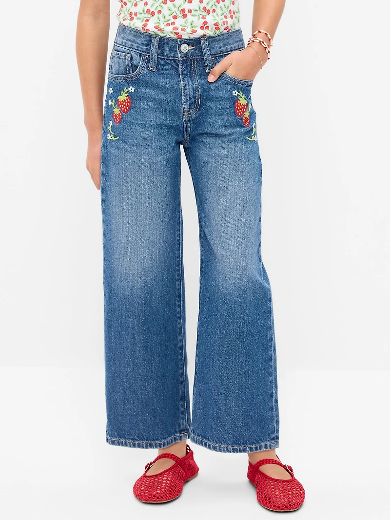High-Waisted Baggy Embroidered Wide-Leg Jeans for Girls
