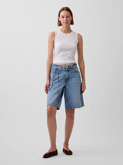 11" Mid Rise Micro Belt Longline Denim Shorts
