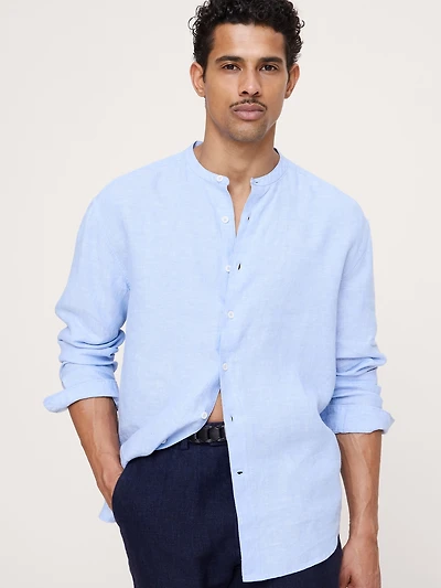 Relaxed-Fit Linen Banded-Collar Shirt