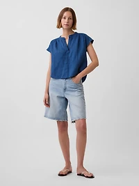 Cotton Gauze Denim Oversized Split-Neck Top
