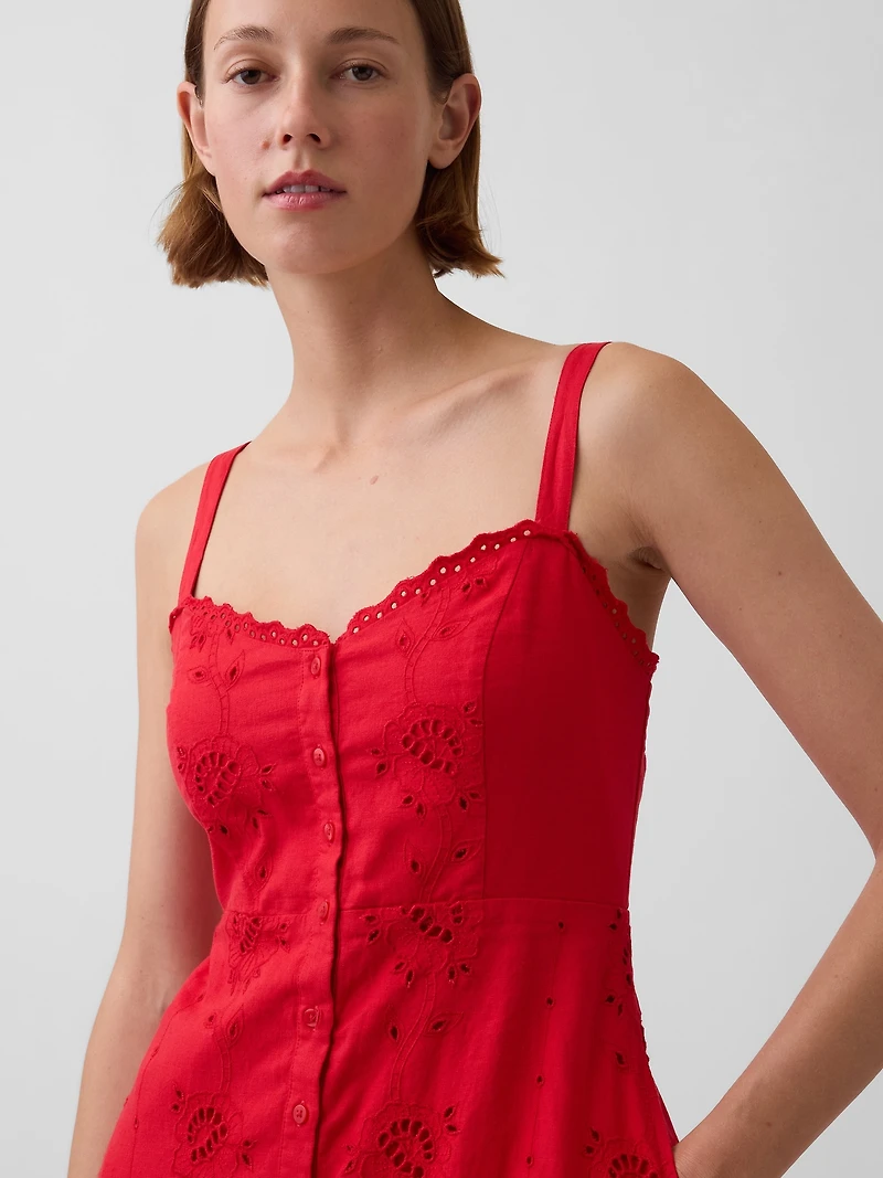 Linen-Blend Embroidered Button-Front Cami Maxi Dress
