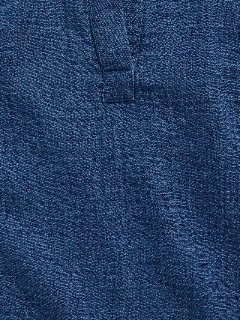 Cotton Gauze Denim Oversized Split-Neck Top