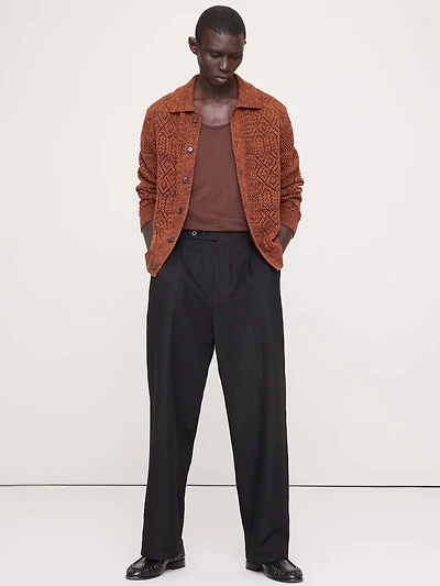 Linen-Cotton Pointelle Polo Cardigan