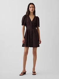 Linen-Blend Cinched Mini Shirtdress