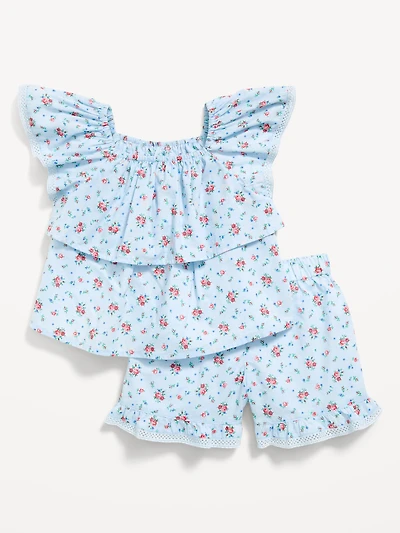 Printed Ruffled Top and Shorts Set for Toddler Girls