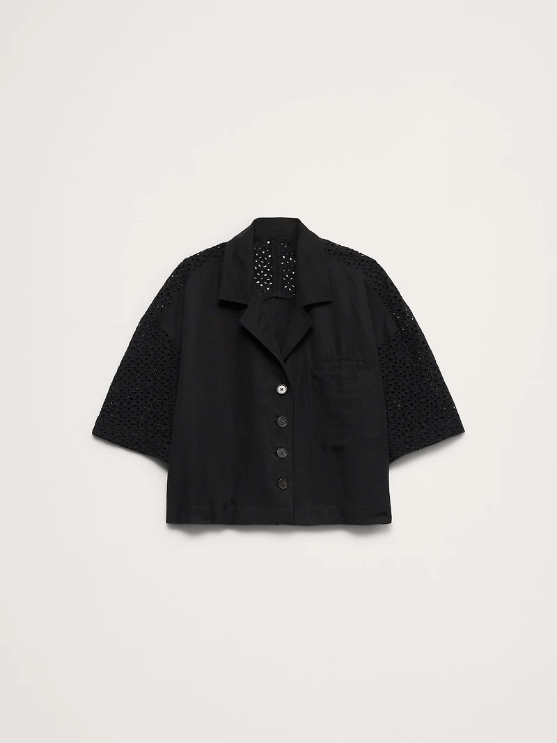 Boxy Crop Tencel™-Linen Eyelet Shirt