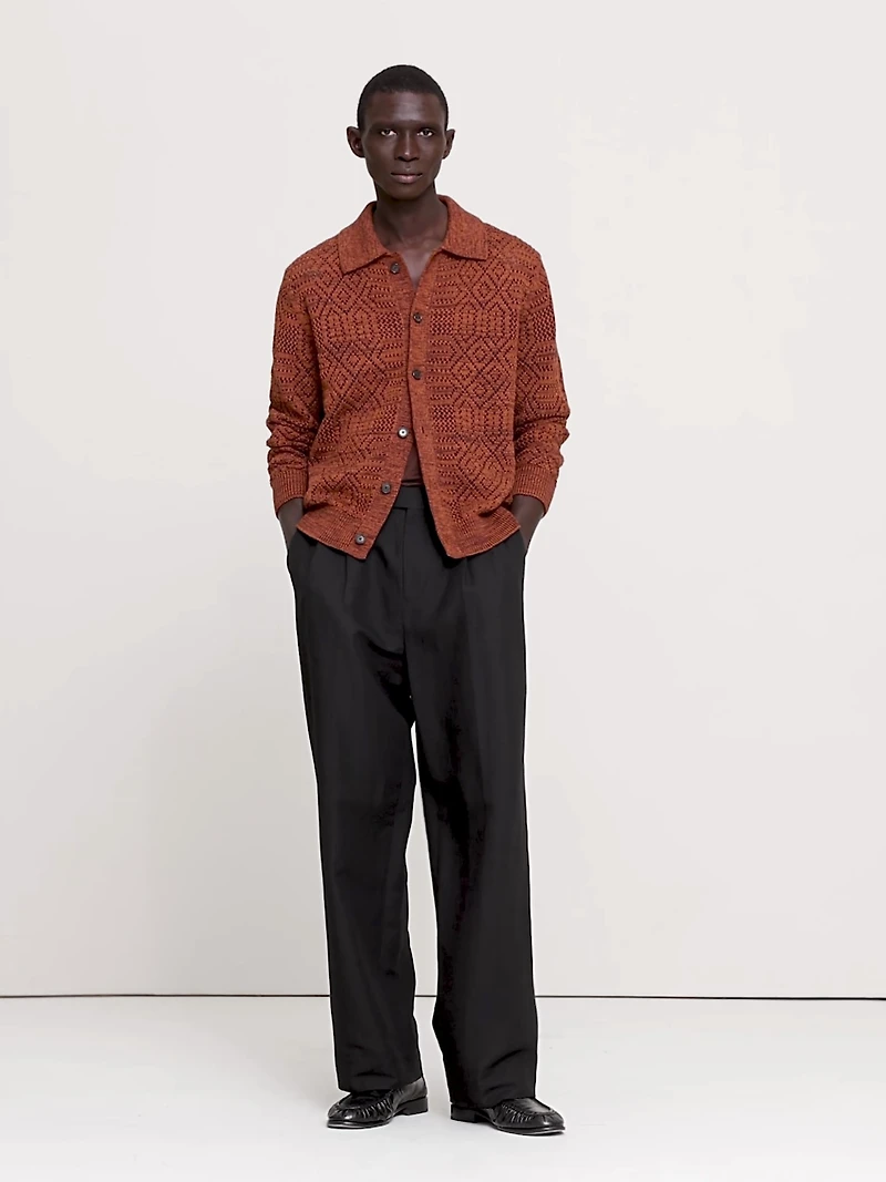 Linen-Cotton Pointelle Polo Cardigan