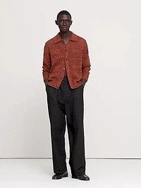 Linen-Cotton Pointelle Polo Cardigan